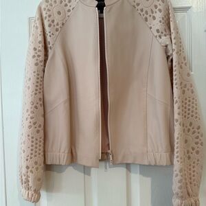 Lafayette 148 New York Blush Bomber Jacket with Textured Sleeves. Women's Medium